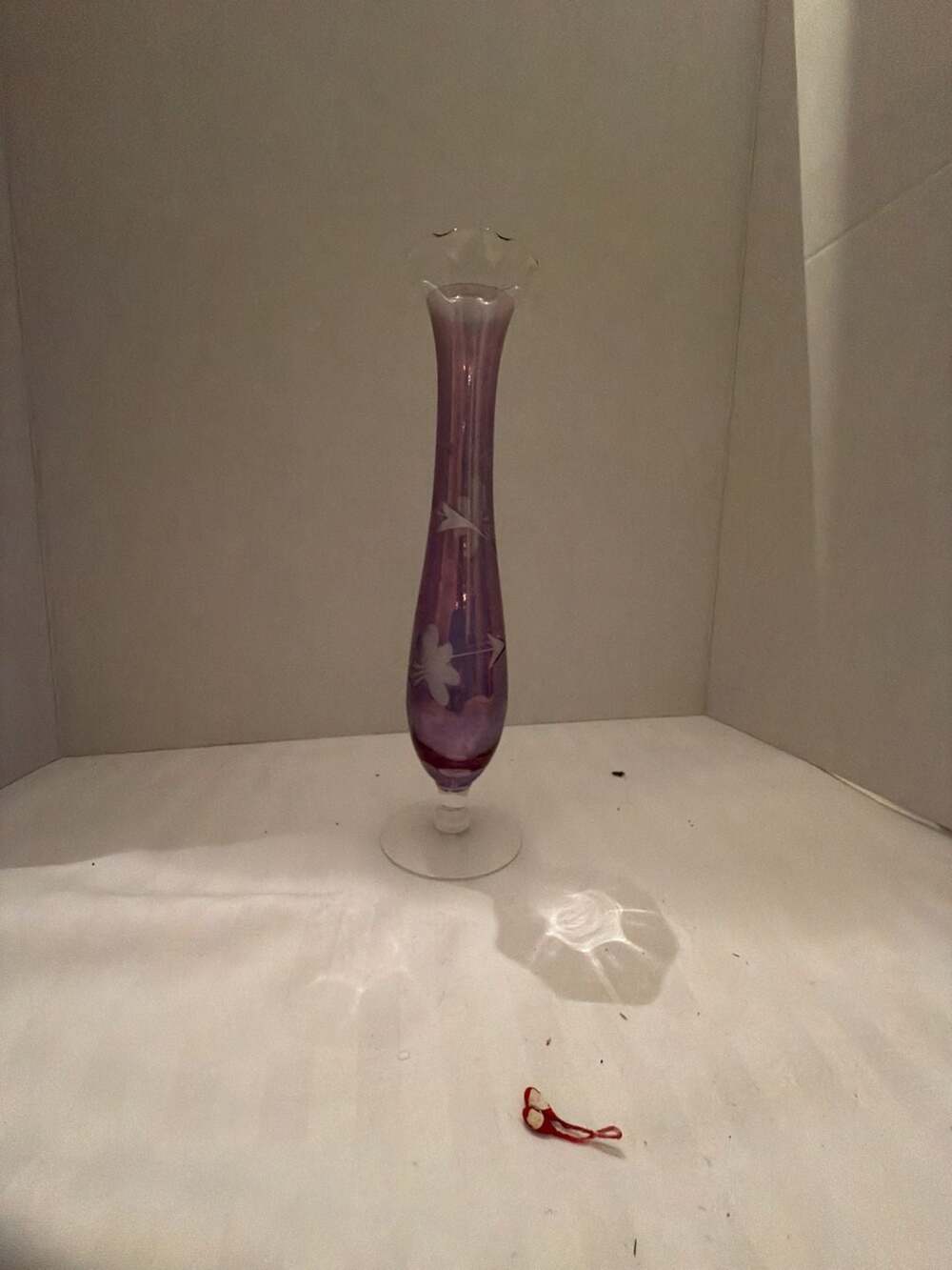 Vintage Bohemian Glass Etched Flower Purple Footed Bud Vase
